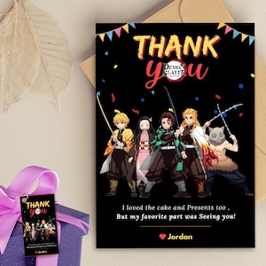 Cartão de agradecimento de aniversário editável do Demon Slayer Cartão de agradecimento do Demon Slayer Cartão de agradecimento inspirado em mangá Etiqueta de presente de agradecimento Cartão de felicitações com tema do Demon Slayer