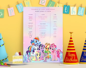 Tablero de hitos de cumpleaños de poni, letrero de hito de cumpleaños de poni unicornio para niñas, pancarta de hito de My Little Pony, hito de cumpleaños de poni para niños