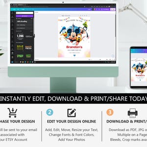 May include: A digital birthday invitation template displayed on a computer monitor and smartphone screen. The design features Mickey Mouse, Donald Duck, Goofy, and Pluto with the text Welcome to the Brandon's 1st Birthday Celebration.