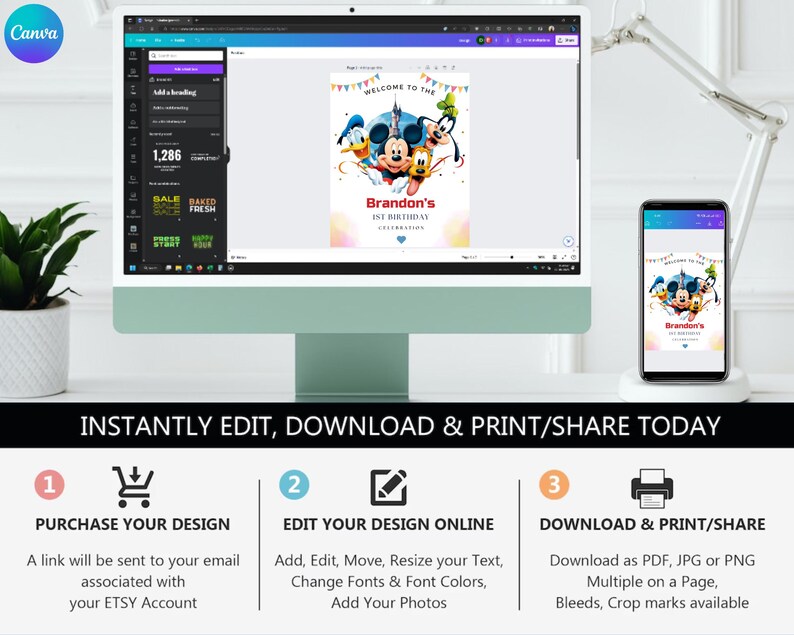 May include: A digital birthday invitation template displayed on a computer monitor and smartphone screen. The design features Mickey Mouse, Donald Duck, Goofy, and Pluto with the text Welcome to the Brandon's 1st Birthday Celebration.