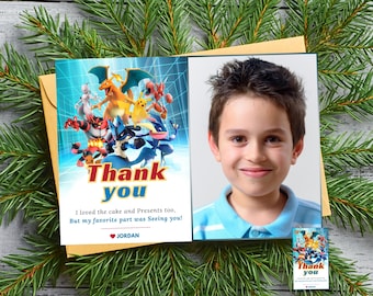Video Game Birthday thank you card with photo Video gamer thank you Birthday photo card Boys Birthday gift card Anime photo thank you card