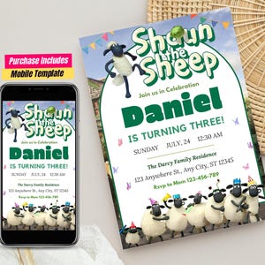 Invitation d'anniversaire pour enfants Shaun le mouton, Invitation de fête modifiable Carte d'anniversaire inspirée de Shaun le mouton, invitation d'anniversaire de chèvre Carte Shaun mouton