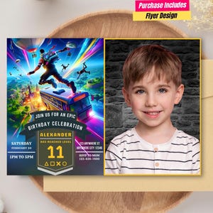 Faire-part d'anniversaire Fort Game avec photo Modèle de fête de niveau supérieur avec photo Photo Fort Gaming Anniversaire Evite Photo jeu vidéo Carte d'anniversaire
