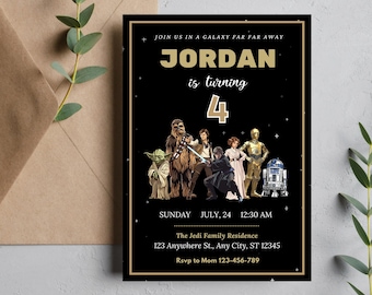 Plantilla moderna de cumpleaños de Star Wars Diseño minimalista de Star Wars Invitación a fiesta de Star Wars Fiesta de cumpleaños de Star Wars Luke Han Leia Chew cumpleaños