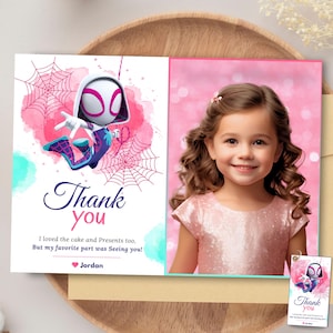 Spidey en zijn geweldige vrienden Verjaardagsfoto Ghost Spider verjaardag bedankkaart fotokaart meisje Spidey cadeaukaart met foto Spidey feestbedankje