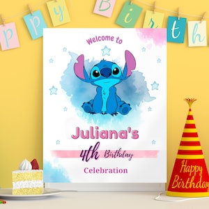 Stitch welkom op de wereld Aquarel verjaardagsteken bord Stitch welkom verjaardagsposter Lilo en Stitch Digitaal welkom Stitch welkomsfeestje