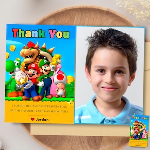 Super Mario bros Dankeskarte mit Foto Super Mario Thema Party Mario Dankbarkeitskarte mit Foto Super Mario Etiketten Mario Bros Gamer Karte
