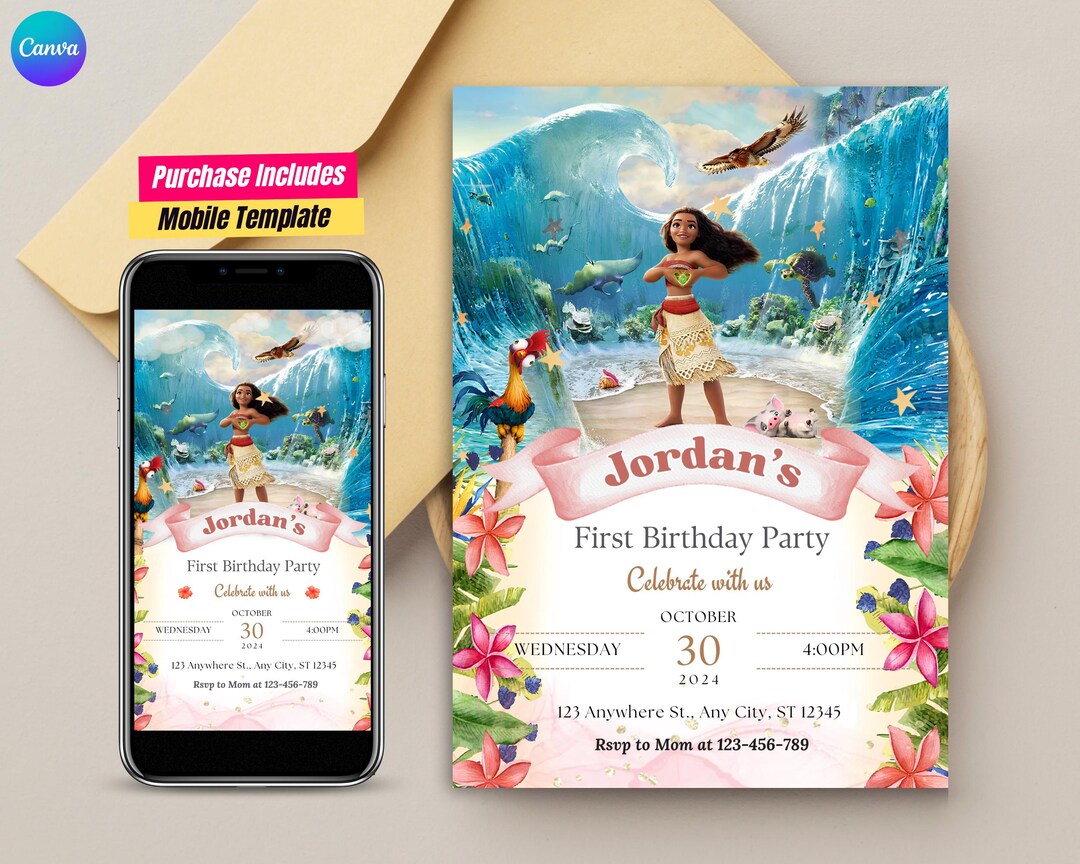 Printable Moana Birthday Invitation Hawaiian Moana Birthday Invitation Baby Moana Birthday Card ...