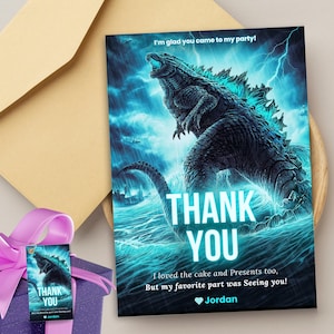 Tarjeta de agradecimiento de Godzilla Etiqueta de invitación de Godzilla Tarjeta de agradecimiento de cumpleaños de Godzilla Tarjeta de agradecimiento de Boys Little Monster Etiqueta de regalo de Godzilla King