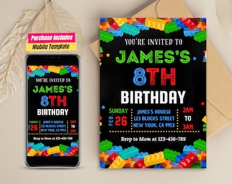 Invitación de cumpleaños editable con bloques de construcción para niños, invitación para fiesta de bloques para niños, tarjeta de invitación con bloques de construcción oscuros y temática de cumpleaños para niños.