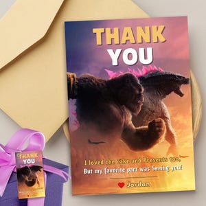 Tarjeta de agradecimiento de Godzilla Tarjeta de agradecimiento de Kong Tarjeta de agradecimiento de cumpleaños de Godzilla Tarjeta de agradecimiento de Boys Little Monster Etiqueta de fiesta de Godzilla King Kong