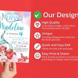 Puede incluir: Una invitaci&oacute;n de cumplea&ntilde;os con La Sirenita, con el nombre "Madeline" y el n&uacute;mero "4". La invitaci&oacute;n incluye detalles para una fiesta el 30 de octubre a las 10:00 AM. El dise&ntilde;o est&aacute; sobre un fondo blanco con un fondo rojo.
