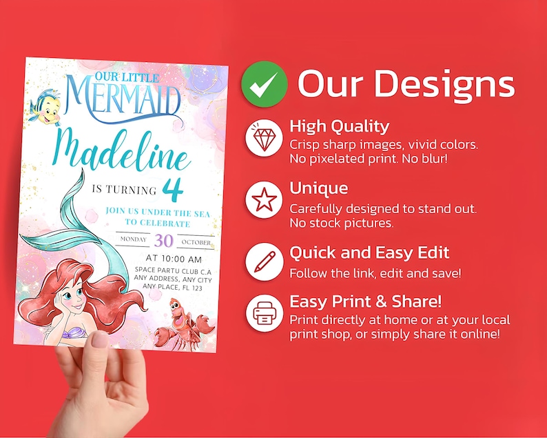 Puede incluir: Una invitaci&oacute;n de cumplea&ntilde;os con La Sirenita, con el nombre "Madeline" y el n&uacute;mero "4". La invitaci&oacute;n incluye detalles para una fiesta el 30 de octubre a las 10:00 AM. El dise&ntilde;o est&aacute; sobre un fondo blanco con un fondo rojo.