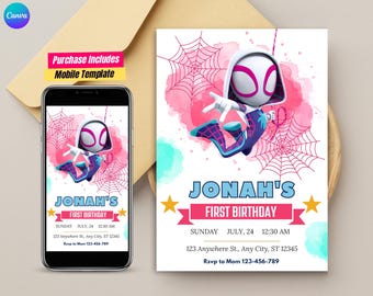 Invitación de cumpleaños de la araña fantasma. Spidey y sus increíbles amigos invitan a Gwen Stacy. Invitación a la fiesta de cumpleaños. Plantilla de cumpleaños de Spidey