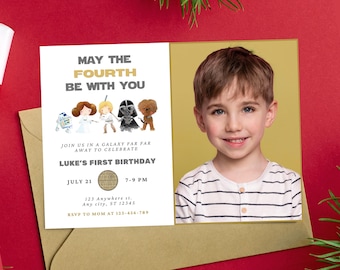 Plantilla moderna de foto de cumpleaños de Star Wars Tarjeta minimalista de Star Wars con foto Imágenes de fiesta de Star Wars StarWars Que el 4 de mayo esté contigo Fiesta