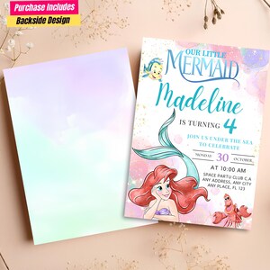Puede incluir: Una invitaci&oacute;n de cumplea&ntilde;os con el tema de La Sirenita, con el nombre "Madeline" y el n&uacute;mero "4". La invitaci&oacute;n incluye la fecha, la hora y el lugar. El dise&ntilde;o del reverso tambi&eacute;n est&aacute; incluido.