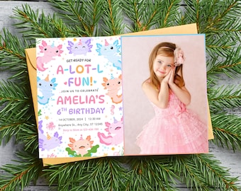 Invitación con foto de cumpleaños de ajolote para niña Linda invitación con foto de ajolote Fiesta temática de ajolote Mucha diversión Invitación de cumpleaños de ajolote Ajolotes marinos