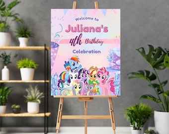 Letrero de bienvenida para cumpleaños de poni. Banner de bienvenida para cumpleaños de poni unicornio para niñas. Tablero de bienvenida de My Little Pony. Letrero de cumpleaños de poni para niños. Bienvenida para niñas.