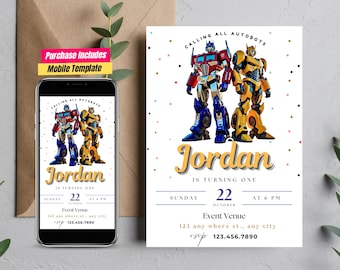 Invitación de Transformers Diseño de cumpleaños de Optimus Prime Invitación de cumpleaños de Bumblebee Tarjeta de fiesta temática de Autobot Tarjeta de robot Tarjeta de fiesta de Transformers