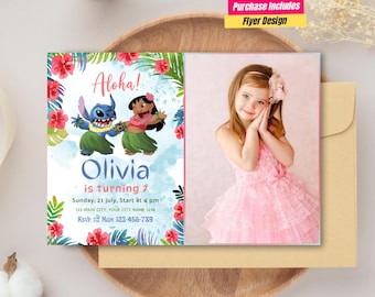 Plantilla de invitación con foto para cumpleaños de Lilo y Stitch Invitación con foto de Stitch y Lilo Invitación para fiesta de Lilo y Stitch Tarjeta de cumpleaños con foto de hermanos