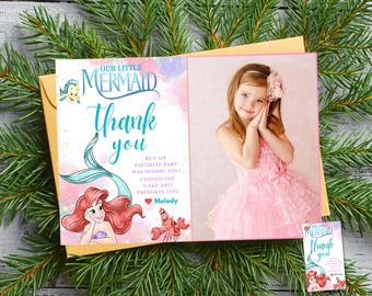 Tarjeta de agradecimiento con foto de La Sirenita Etiqueta de regalo de la Princesa Ariel Bolsa de regalos de la Sirenita Regalo de devolución de La Sirenita con foto Recuerdo de fiesta de la Sirenita
