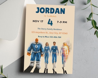 Invitación de cumpleaños de Los Cuatro Fantásticos ... superhéroes de Los Cuatro Fantásticos Invitación de hermanos de Los Cuatro Fantásticos