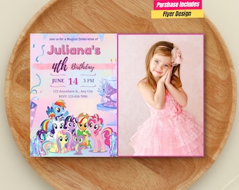 Invitación de cumpleaños de pony con foto Invitación con foto de cumpleaños de pony unicornio para niñas Invitación con foto de My Little Pony Invitación de cumpleaños de Pony para niños