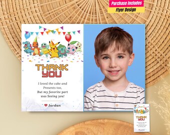 Kids Gamer Birthday thank you card with photo video gaming thank you Birthday photo card Boys Birthday gift card Anime photo thank you card
