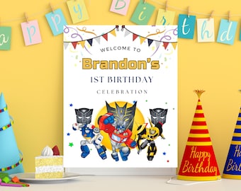Cartel de bienvenida de Transformers, todos los Autobots. Felpudo con temática de Autobots. Cartel de bienvenida de Transformers Optimus Prime. Plantilla de cumpleaños de Transformers.