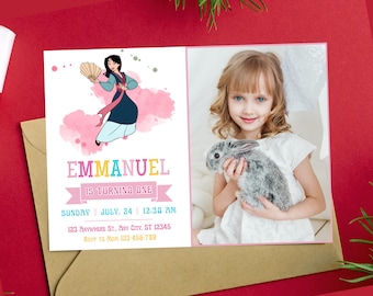 Princess Mulan Birthday Photo Invite Printable Mulan Girl Birthday Photo Invites Mulan Invitation with photo Mulan Party watercolor mulan