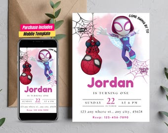 Invitación de cumpleaños de Ghost Spider para niña, Spidey y sus increíbles amigos, invitación a la fiesta de cumpleaños de Gwen Stacy, plantilla de cumpleaños de Spidey
