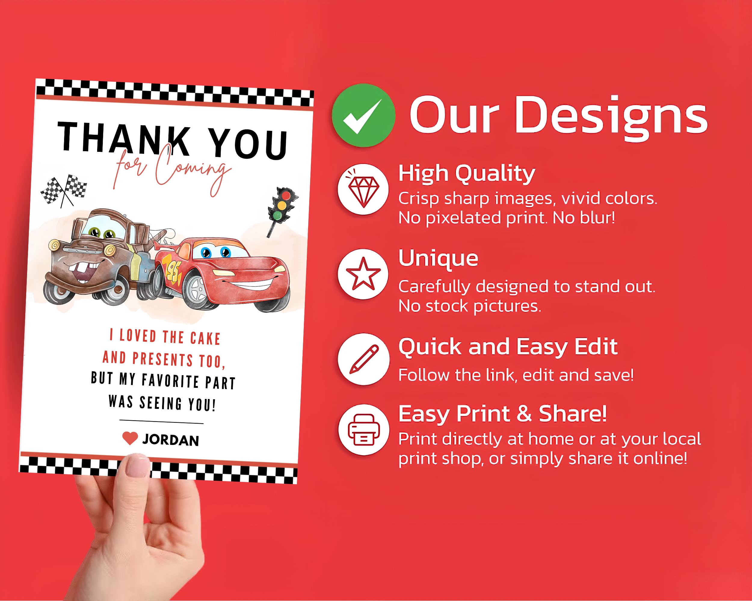 Cars Birthday Thank You Label Cars Lightning Mcqueen Party Tag Cars ...