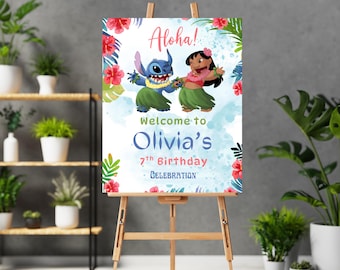 Letrero de bienvenida al mundo de Lilo y Stitch. Cartel de bienvenida de cumpleaños de Lilo Stitch editable. Bienvenida digital de Lilo y Stitch. Fiesta de bienvenida de Stitch.