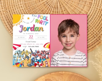 Invitación de Transformers con foto Fiesta de piscina de verano Optimus Prime Tarjeta de cumpleaños de Transformers Cumpleaños de Bumblebee Invitación con foto Tema Autobots