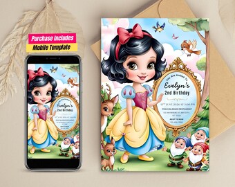 May include: A printable invitation for a 2nd birthday party featuring a cartoon illustration of Snow White. The invitation is decorated with a gold frame and includes the text "You are invited to Evelyn's 2nd Birthday".