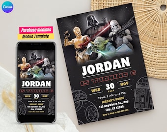 Plantilla de cumpleaños minimalista de Star Wars moderna Diseño minimalista de Star Wars Invitación a fiesta de Star Wars Fiesta de cumpleaños de Star Wars cumpleaños