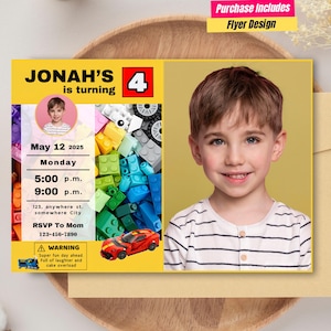 Editable Boys Building Blocks Birthday Invitation with photo Building Blocks Party Invite GameBoy Birthday Theme Building Block Photo Invite
