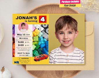 Invitación de cumpleaños editable con bloques de construcción para niños con foto. Invitación a fiesta de bloques de construcción. Invitación con foto de bloques de construcción con tema de cumpleaños de GameBoy.