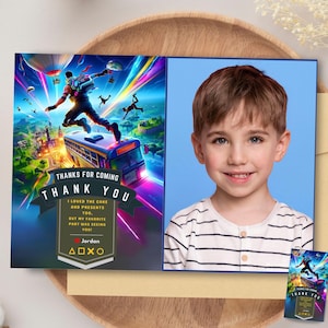 Jeu vidéo modifiable anniversaire étiquette de faveur jeu fort carte de remerciement avec photo carte-cadeau fête d'anniversaire nuit fort carte de remerciement fête de jeu