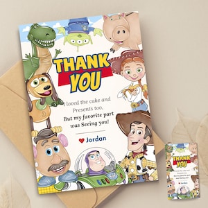 Wydrukuj kartkę z podziękowaniami urodzinowymi inspirowaną Toy Story Kartka z podziękowaniami z motywem Toy Story Etykieta upominkowa Toy Story Prezent zwrotny Toy Story Postać z Toy Story
