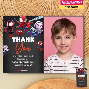 Zdjęcie dziecka Spidey i jego niesamowici przyjaciele Urodzinowa kartka z podziękowaniem ze zdjęciem Spidey Zaproszenie Gwen niesamowity Spidey podziękowanie etykieta na prezent na przyjęcie
