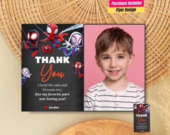 Kid Photo Spidey And His Amazing Friends Birthday thank you card with photo Spidey Invitation Gwen amazing Spidey thank you Party gift tag