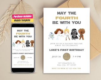 Plantilla moderna de cumpleaños de Star Wars Diseño minimalista de Star Wars Invitación a fiesta de Star Wars Star Wars Que el cuatro esté contigo Fiesta de cumpleaños