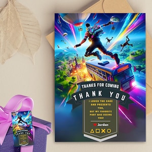Étiquette de cadeau d'anniversaire modifiable pour jeu vidéo Carte de remerciement du jeu Fort, étiquette cadeau Fête d'anniversaire de la nuit du Fort, carte de remerciement Gaming Gaming Bus Drop