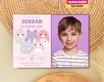 Fiesta de cumpleaños de malvavisco blando con foto Invitación de cumpleaños de peluche de juguete Invitación de foto Cumpleaños con temática de malvaviscos rosas para niñas