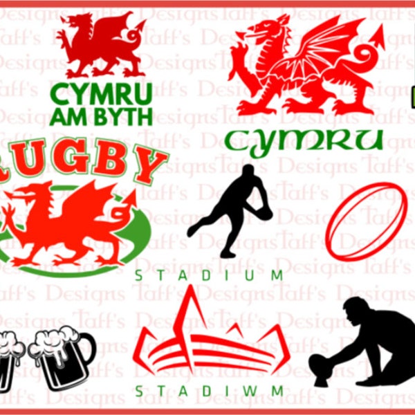 Welsh Rugby Bundle / Wales Cymru  Red Dragon / 3 feathers / Logo Emblem / Patriotic / Svg Png Dxf  Digital Files / Cutter Cricut