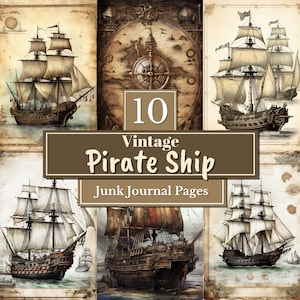 Páginas de diario basura de barco pirata antiguo, brújula, náutica, suministros para álbumes de recortes, descarga digital, papel imprimible, papel envejecido y desgastado
