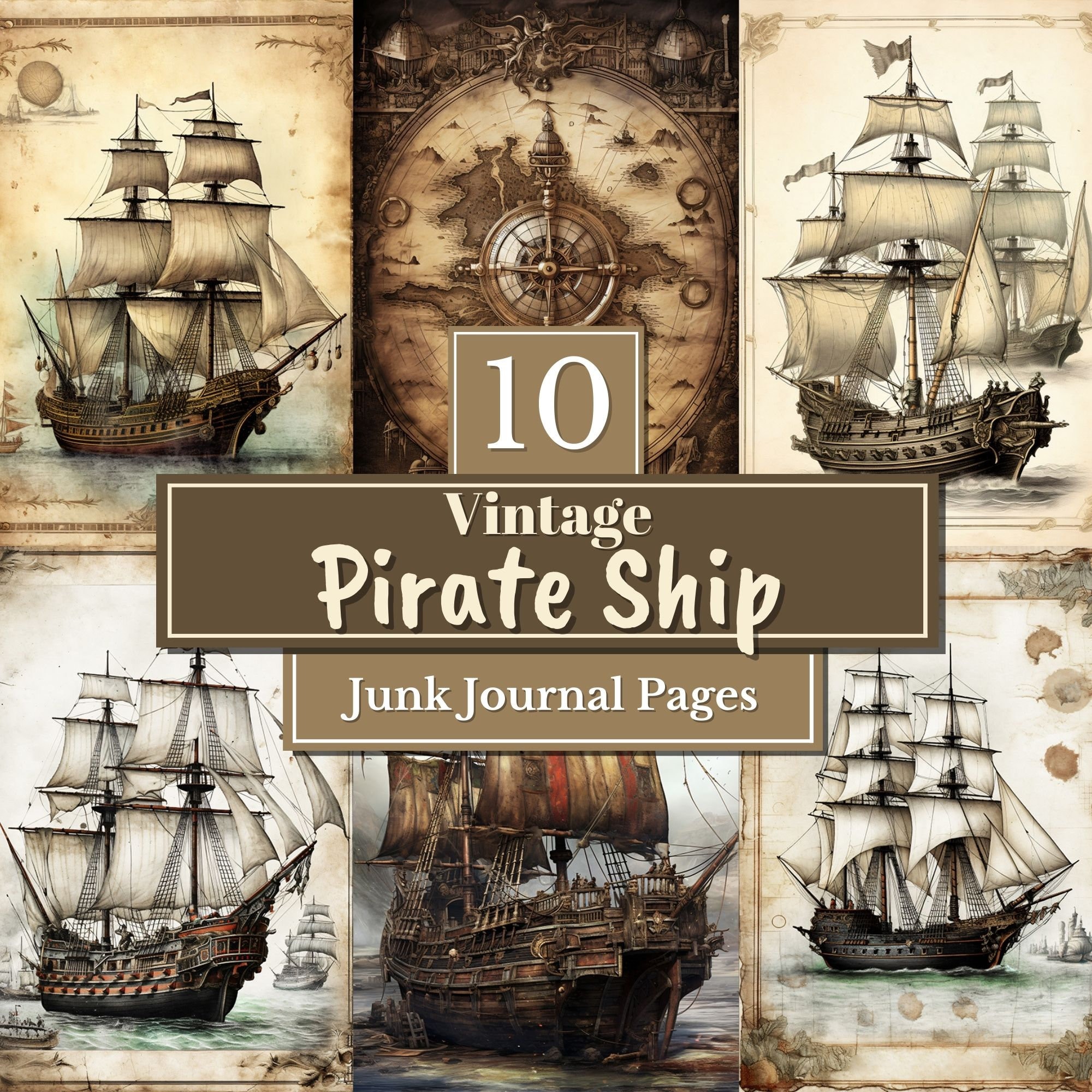 Vintage Pirate Ship Junk Journal Pages, Compass, Nautical