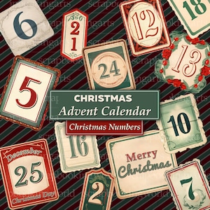 Vintage Christmas Advent Calendar, Christmas Printable, Digital Scrapbook Pages, Junk Journal, December Daily, Countdown, Printable Numbers