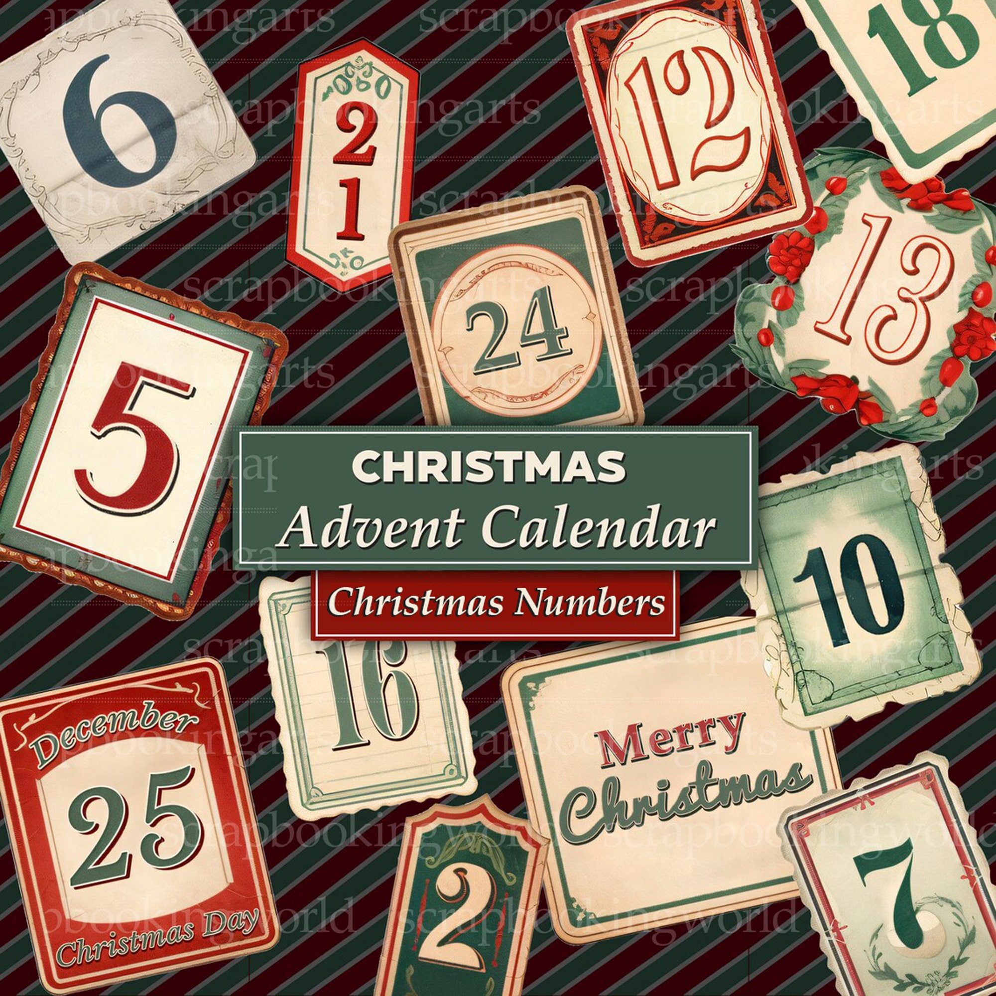 Vintage Christmas Advent Calendar, Christmas Printable, Digital Scrapbook Pages, Junk Journal, December Daily, Countdown, Printable Numbers